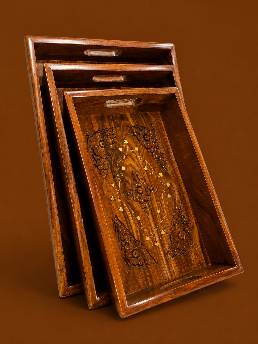 Wooden Gold Inlay Serving Tray Set