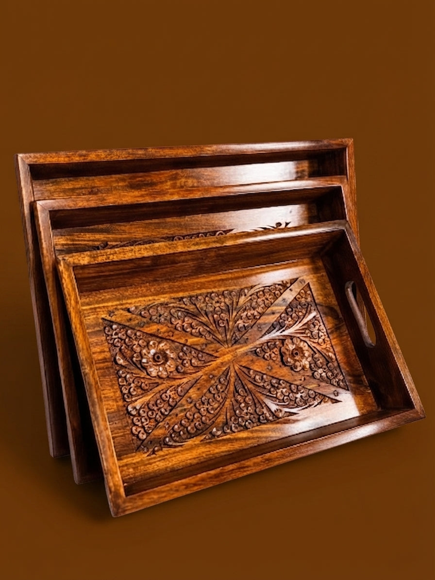 Wooden Carved Serving Tray Set